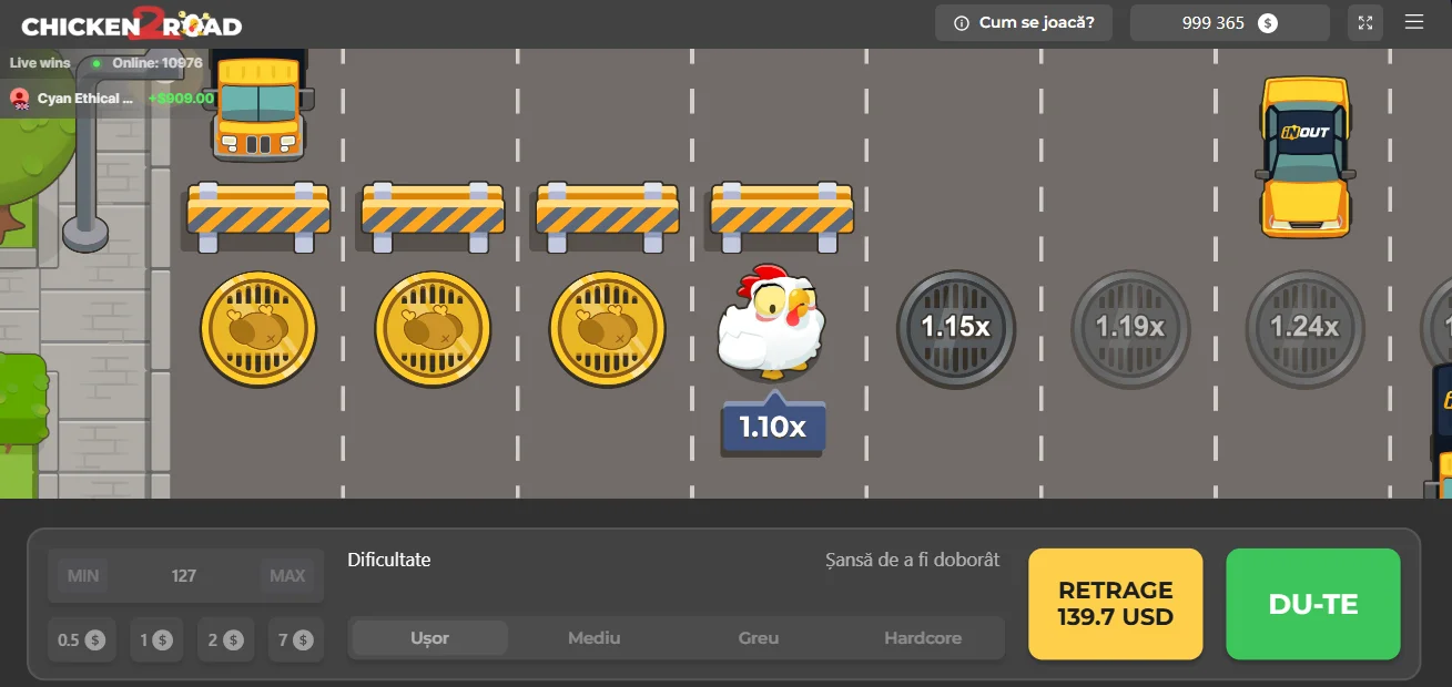 Puiul începând cursa în Chicken Road 2 cu multiplicator de 1.10x